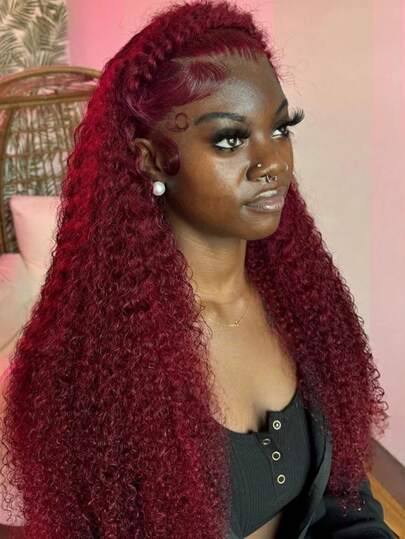 Peluca de cabello humano color burdeos de 36 pulgadas, densidad del 250 %, encaje frontal transparente de 13 x 4 HD, sin pegamento, onda profunda, prearrancada, 99J, color rojo, rizado, con cabello de bebé, encaje frontal suizo de oreja a oreja para un aspecto natural.