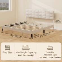 HOMCOM King Bed Frame With Headboard, 1100 Lbs Upholstered Platform Bed Frame With Under Bed Storage, Wooden Slat Support, No Box Spring Needed, Easy Assembly, Cream - 白色 - 查看 2