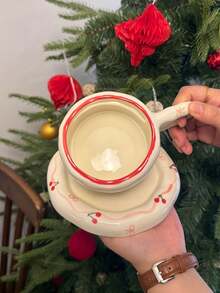 1pc/1set, Handpainted Cherry Ceramic Coffee Cup & Saucer, High-Quality Bowknot Cup & Saucer, French Asymmetrical Red Rimmed Coffee Cup, American Espresso Latte Cup, Dessert Plate, Fruit Plate, Office Mug, Home Water Cup, Breakfast Cup, Gift For Girls - Multicolor - View 7