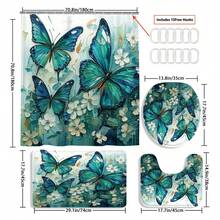 1/4 Set Green & Blue Butterfly Pattern Bathroom Curtain Set, Includes Anti-Slip Rug, White Floral Painting Bohemian Style Bathroom Set, Bath Rug, Bath Mat And Toilet Mat - Multicolor - View 3