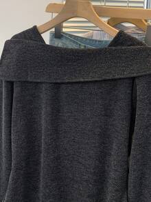 女式针织长袖方领上衣，不对称下摆，正面纽扣，常规版型