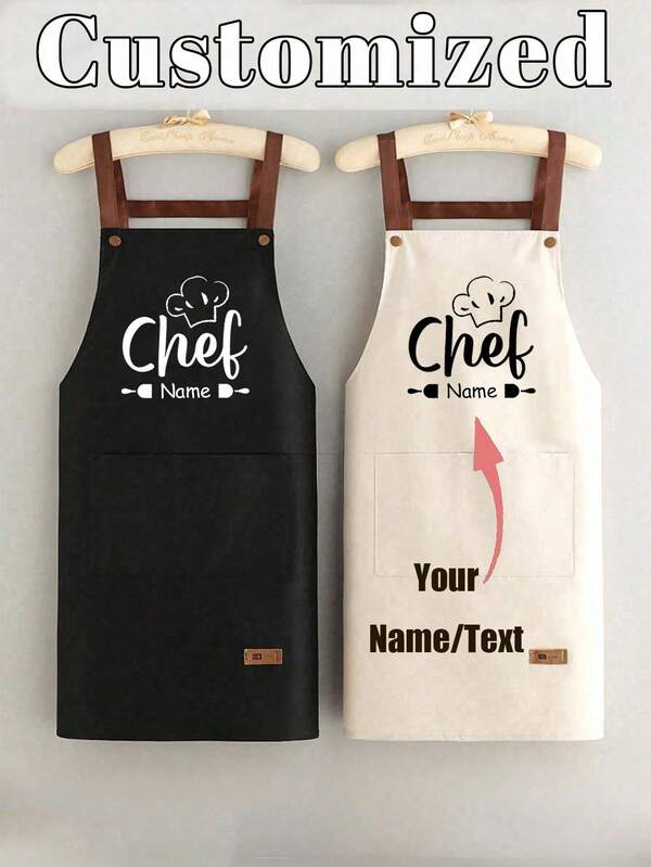 1pc Customized Black Kitchen Cooking Apron, Modern Polyester Oil-Proof Apron, Black Kitchen Apron, Polyester Apron For Garden, Kitchen And Housework Perfect For Home, Restaurant, And Kitchen Cooking