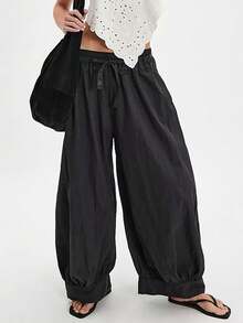 Women's Casual Cotton Linen Baggy Pants With Drawstring Elastic Waist Relax Fit Lantern Trouser With Pockets Daily Streetwear - màu đen - Xem 1
