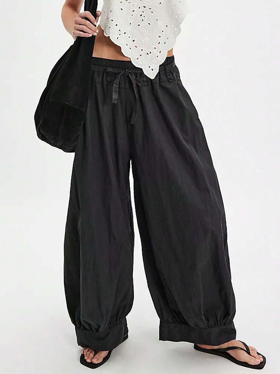 Women's Casual Cotton Linen Baggy Pants With Drawstring Elastic Waist Relax Fit Lantern Trouser With Pockets Daily Streetwear - màu đen - Xem 1