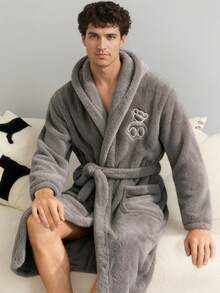 Men's Long Robe, Thickened Coral Fleece, Korean Style, Autumn/Winter Sleepwear