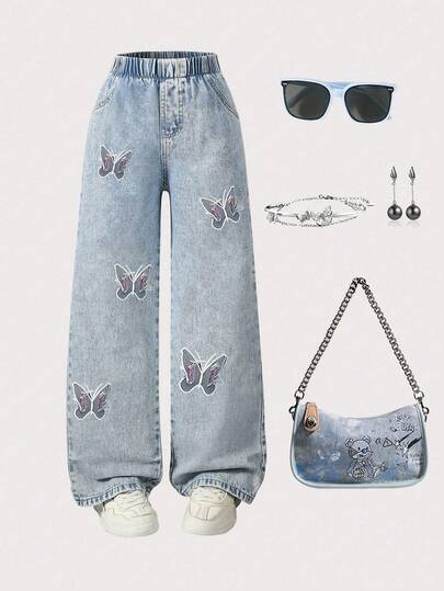 1pc Girls Casual Street Style Comfortable Butterfly Print Pattern Denim Jeans, Suitable For Spring & Autumn