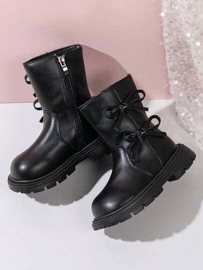 1 双幼儿女童柔软舒适 PU 皮靴，带蝴蝶装饰和侧拉链，圆头，保暖，适合 3-15 岁女孩，日常、度假、上学、秋冬