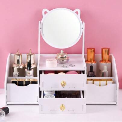1pz Lindo Caja de almacenamiento de cosméticos con Espejos forma de gato,con 2 Cajones y 4 Compartimentos,Estuche Cosméticos Almacenamiento Maquillajepara el baño,Tocador, Dormitorio