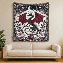 1 pieza Manta con borlas con estampado de dragón occidental de jacquard bohemio, versátil para todas las estaciones, adecuada para camping, sofá, oficina, dormitorio y decoración de la sala de estar