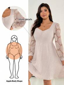 Shapeblank Plus Size Women's Apple-Shaped Body Casual Winter Solid Color Jacquard Patchwork Lantern Sleeve Winter Dress, Autumn/Winter, Apricot Dresses For Women, Casual Outfits For Fall/Winter, Airport Outfits, Winter Dress For Women - Apricot - View 1
