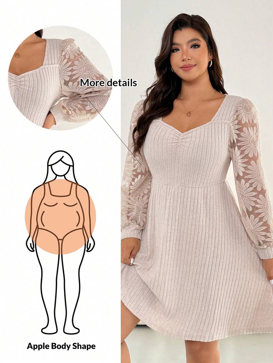 Shapeblank Plus Size Women's Apple-Shaped Body Casual Winter Solid Color Jacquard Patchwork Lantern Sleeve Winter Dress, Autumn/Winter, Apricot Dresses For Women, Casual Outfits For Fall/Winter, Airport Outfits, Winter Dress For Women - Apricot - View 1