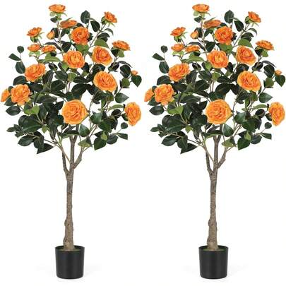 4FT Artificial Camellia Flowers Tree, 2Pack Fake Plant Plastic Potted With Faux Greenery Leaves Outdoor Indoor Home Decor For Livingroom Garden Patio Yard Office