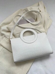 轻便商务休闲金属鳄鱼纹方形手提包，顶部提手，适合青少年、女性、大学生、年轻职业人士和上班族，完美适用于办公室、大学、工作、商务、通勤、户外活动、旅行、野餐，融合时尚、朋克和街头风格。 - 白色 - 查看 6