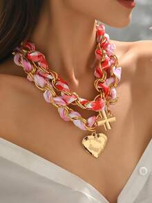2 chiếc vòng cổ mặt hình thánh giá và trái tim kim loại phong cách Bohemian phóng đại, thích hợp cho phụ nữ đeo với váy, áo sơ mi, cho trang phục hàng ngày và dự tiệc - Hồng - Xem 2