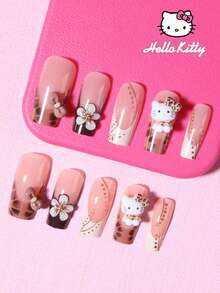 Sanrio Uñas postizas francesas 3D de Hello Kitty de Sanrio, 24 piezas de tamaño mediano con diseño de estampado de leopardo - Decoración 3D adorable de Hello Kitty, flores y lazos con rhinestones, set perfecto de uñas acrílicas falsas, incluye 1 pieza de pegamento de gelatina y 1 pieza de lima de uñas, adecuado para uso diario, fiestas y reuniones de mujeres y niñas