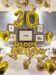 44pcs 16-Inch Gold Happy Birthday Letter Foil Balloon Set, Includes Gold & White Latex Balloons And Heart Foil Balloons, English Happy Birthday Letter Decoration, Party Scene Decor, Happy Birthday, Gold Champagne Balloons, Home Party Background Decor, New Year, Graduation, Birthday Party Decoration