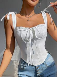 EZNV White Tie-Shoulder Boned Corset - Stylish Bustier, Enhances Curves & Comfortable For Daily - White - View 3