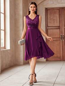 MIUSOL Sequin V-Neck Sleeveless Ruffle Hem Shiny Chiffon Ball Gown - Maroon - View 9