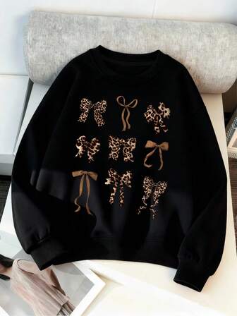 Tween Girl Leopard Pattern Bow Print Sweatshirt Crewneck(Oversized Fit) Sweatshirt For Girl Casual Comfy Fall And Winter Fashion Outfits Cute Clothes.Soft And Machine-Washable, Casual And Fashionable, Suitable For Travel, Party And Campus Wear.Suitable For School, Vacation And Shopping Outfits