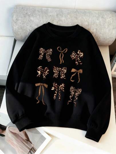 Tween Girl Leopardmönster Rosetttryckt Sweatshirt Rund hals (Oversized Passform) Sweatshirt För Flickor Casual Bekväma Höst- Och Vinterkläder Söta Kläder. Mjuka Och Maskintvättbara, Avslappnade Och Moderna, Lämpliga För Resor, Fest Och Campuskläder. Lämpliga För Skola, Semester Och Shoppingkläder.