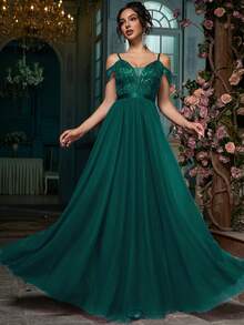 Women's Elegant Party Romantic Mesh Embroidered Evening Dress, Wedding Guest Formal Maxi Party Gown, Prom, Graduation, Wedding Reception - Dark Green - View 5