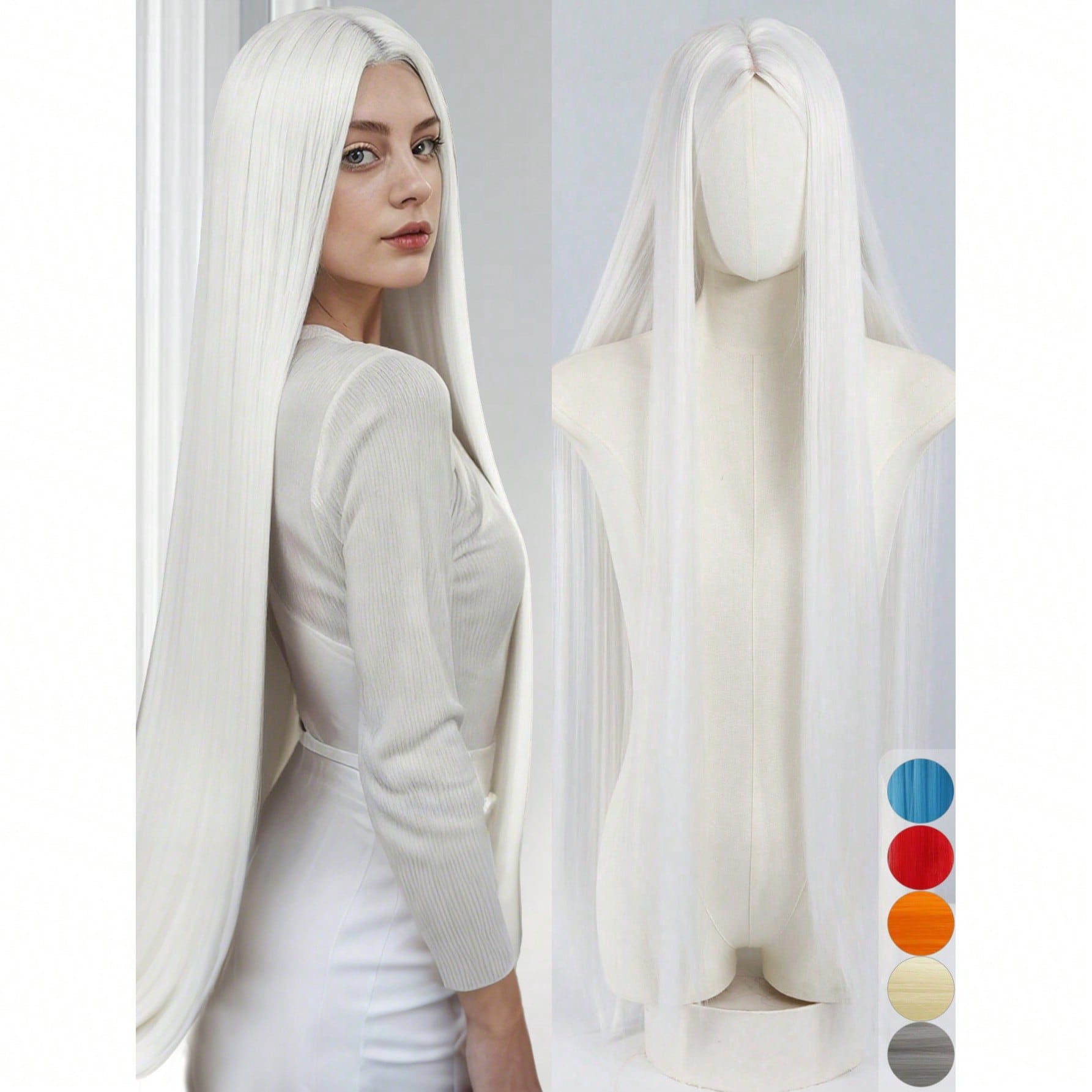 Peluca sintética blanca de 40 pulgadas de largo para mujeres, peluca de cabello blanco liso y natural con raya al medio para uso diario, Pascua, disf