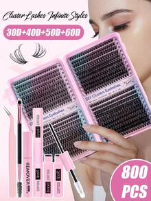 800 Stück Wimpernverlängerungs-Set, DIY Wimpernverlängerungs-Set mit einzelnen Wimpern-Clustern D-Krümmung, Wimpern-Cluster mit Wimpern-Kleber und -Versiegelung sowie Wimpern-Applikator-Pinsel für Selbstanwendung zuhause (10D-20D-30D-40D-50D-60D-80D-100D) Wimpern-Cluster-Set, geeignet für Reisen, täglichen Gebrauch für Anfänger, Hochzeiten, Dates, Partys, Festivals, sehr geeignet als Wimpern-Geschenkbündel zu Weihnachten/Halloween