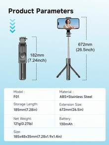 TOKQI 自拍杆三脚架，带可选补光灯，便携式和伸缩式，可伸缩自拍杆三脚架，带无线遥控器和三脚架支架，轻巧紧凑，兼容各种设备型号。