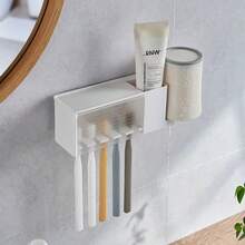 1pc Self Adhesive 5 Slots Wall Mount Toothbrush Holder With Cover For Shower, Toothpaste & Toothbrush Hanger For Bathroom, Dorm - Multicolor - View 4