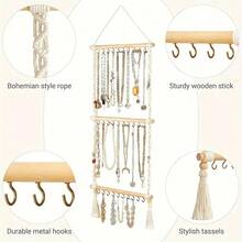 Wall-Mounted Jewelry Organizer - 30-Hook Beaded Hanging Basket With Fringe Design, Ideal For Necklace, Bracelet, Earring, Headband, And Bow Storage, Door-Hanging Jewelry Rack - 米色 - 查看 6
