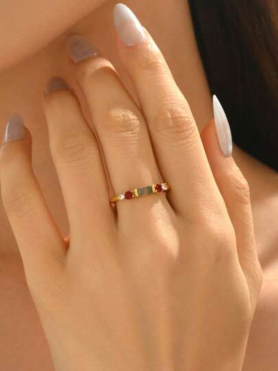 1pc Elegant Luxury Minimalist Rhinestone Faux Jade Engagement Promise Ring, Suitable For Holidays And Anniversaries