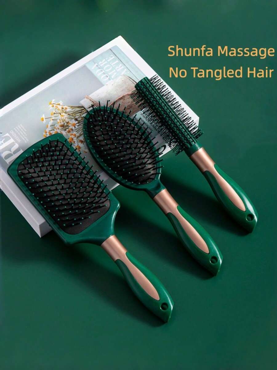 1/3pcs Anti-Static Massage Hair Brush, Olive Green, Suitable For Wet & Dry Hair, Curling & Straightening - Dark Green - View 1