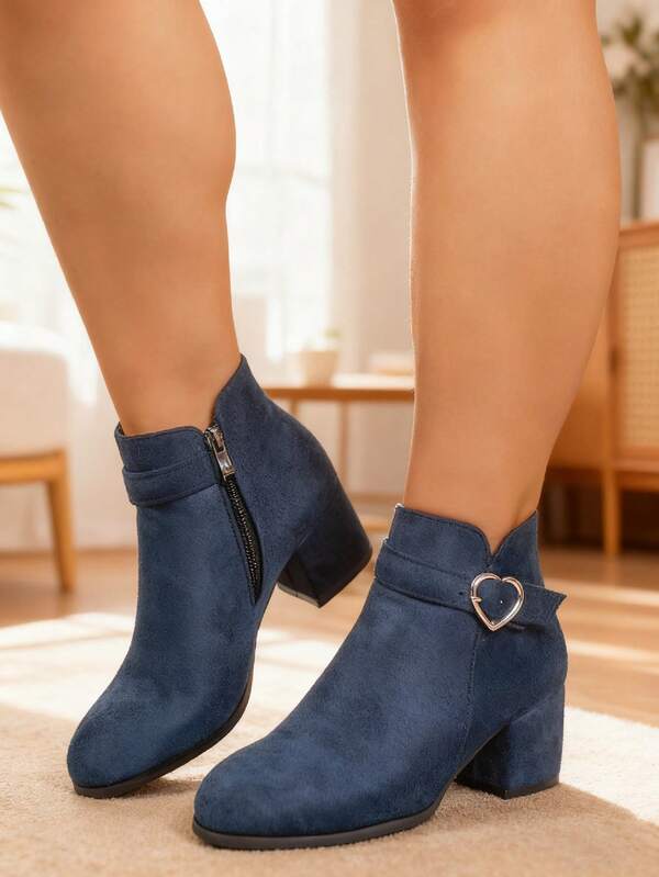 Plus Size Women's Chunky Heel High Heel Solid Black Casual Side Zipper Heart Decor Strap Ankle Boots, Comfortable Short Boots