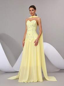 新款女士性感闪亮手工镶钻吊带长裙套装，露背修身长裙，优雅女士正式晚宴、婚礼、节日派对套装 - 黃色 - 查看 5