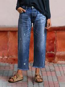 Jeans rectos con ajuste holgado y cómodo, desgastados y lavados en azul, con dobladillo deshilachado, estilo callejero europeo y americano para mujeres
