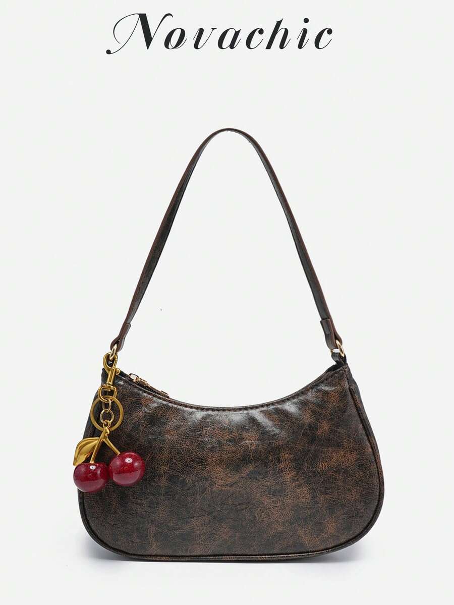 1 件 Novachic 女士花卉面料休闲单肩包，拉链开合，复古风格，腋下包，适合各种场合 - 咖啡棕 - 查看 1