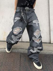 1 件男士破洞阔腿牛仔裤，复古美式风格破洞高街休闲宽松长裤（不含腰带和配饰）