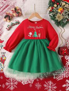 Christmas New Cute Baby Girl Casual Round Neck Long Sleeve Cartoon Santa Claus Mesh Patchwork Dress, Spring/Autumn