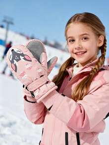 1 Cặp găng tay trượt tuyết giữ nhiệt họa tiết hoạt hình hươu và bông tuyết cho trẻ em, kiểu dáng găng tay hở ngón, chống thấm nước, thích hợp cho các môn thể thao ngoài trời mùa đông - Họa tiết bông tuyết và hươu - Xem 1
