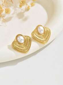 VceTd 1 Pair Elegant Oval Faux Pearl Asymmetrical Geometric Arc Textured Earrings, Low Allergy Jewelry With High-End Vibe, Suitable For Parties And Daily Wear - Yellow Gold - View 10