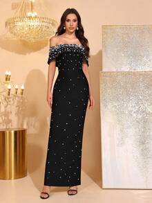 全新优雅珍珠水钻缀饰露肩露背无袖紧身超长绷带连衣裙，女士正式晚礼服，适合正式场合、生日派对、舞会、复活节 - 黑色 - 查看 1