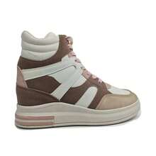 Tênis feminino cano alto com design color-block, estilo urbano e moderno, perfeito para looks casuais ou esportivos - Rosa - Ver 2