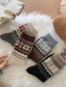4 双复古条纹羊毛混纺厚款保暖中筒袜，日式拼色雪花图案中筒袜，冬季