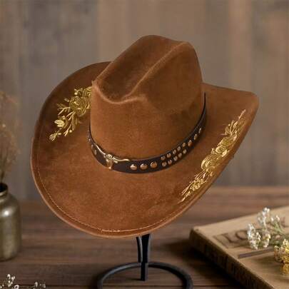 Women Men Embroidery Cowgirl Hat Wide Brim Cattle Head Belted Wool Hat Felt Jazz Cap For Party