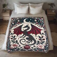 1 pieza Manta con borlas con estampado de dragón occidental de jacquard bohemio, versátil para todas las estaciones, adecuada para camping, sofá, oficina, dormitorio y decoración de la sala de estar