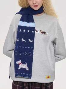 1pc Christmas Snowy Navy Blue Puppy Knit Scarf For Women Autumn/Winter Cute Shopping Vibes Versatile & Warm Student Neckwarmer