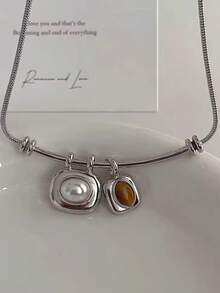 韩国时尚复古几何虎眼石仿珍珠吊坠银色蛇形链颈链女士珠宝 - 銀色 - 查看 2