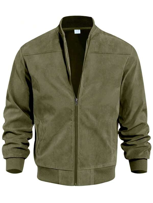 Chaqueta ligera de manga larga con forro polar de ante para hombre, para primavera/otoño, cómoda y suave, de uso casual, con cuello alto retro, cremallera, estilo béisbol, holgada y minimalista, versátil y corta [Talla grande, se sugiere pedir una talla menos]