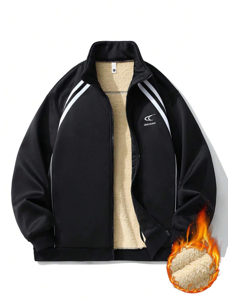 Plus Size Thermal Lined Long Sleeve Jacket, Thermal Thickened Jacket, Suitable For Winter - Black - View 1