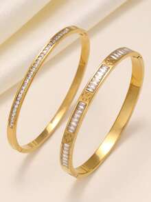 2pcs Luxury Sparkling Four-Leaf Clover Zirconia Stainless Steel Bracelet For Women, Suitable For Multiple Occasions